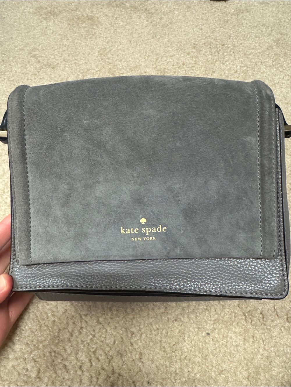 kate spade Gray Suede & Leather Messenger Bag with Gold Logo